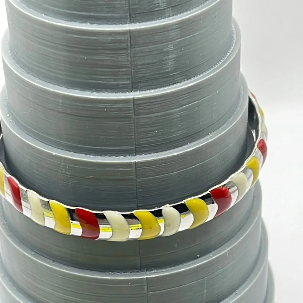Vintage striped enamel Colorful Silvertone Bangle Bracelet yellow red cream